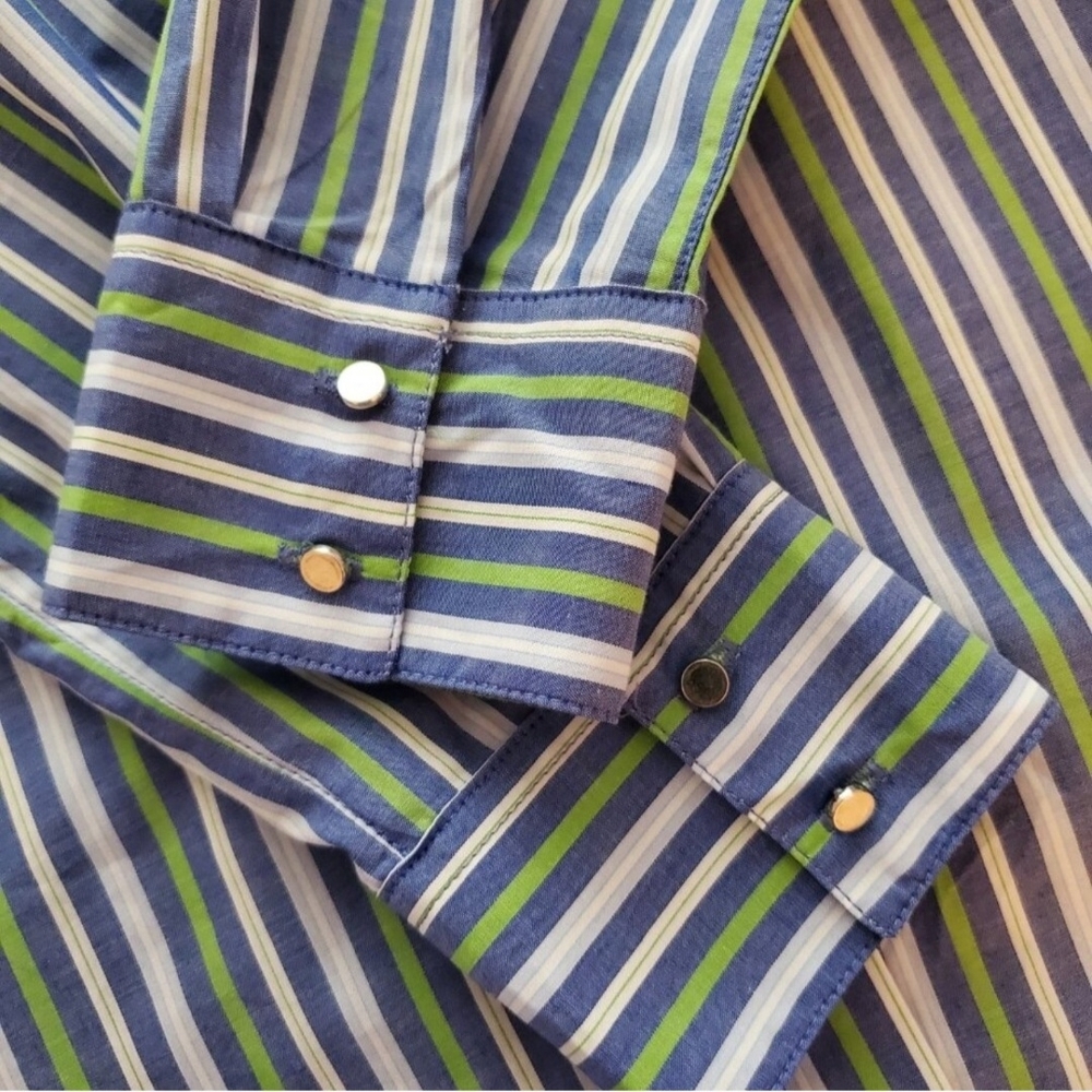 Dynamite Striped Button-Down Shirt in Blue and Green, Fits S/M - Picture 2 of 3